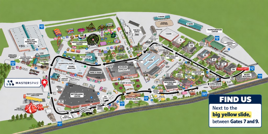 Big E fairgrounds map — Master Spas next to the Giant Yellow Slide, between Gates 7 and 9