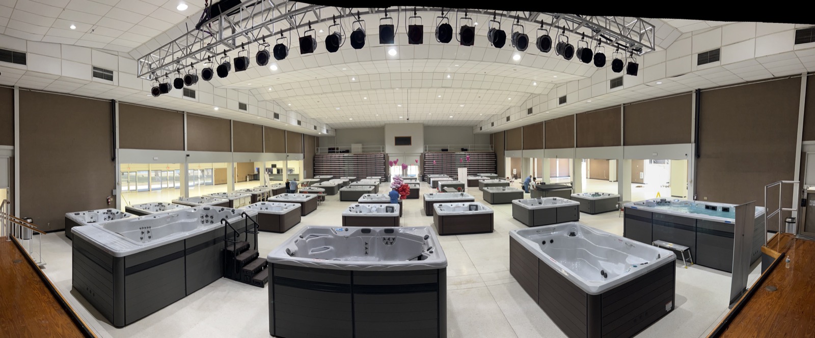 Large swim spa and hot tub showroom